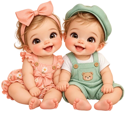 Two smiling babies sit holding hands, one in a peach floral outfit and bow and the other in mint overalls and a cap.