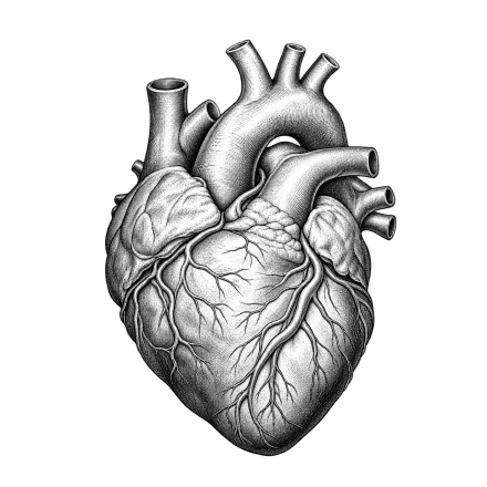 A black-and-white engraved-style heart shows branching surface vessels and large vessels rising from the top.