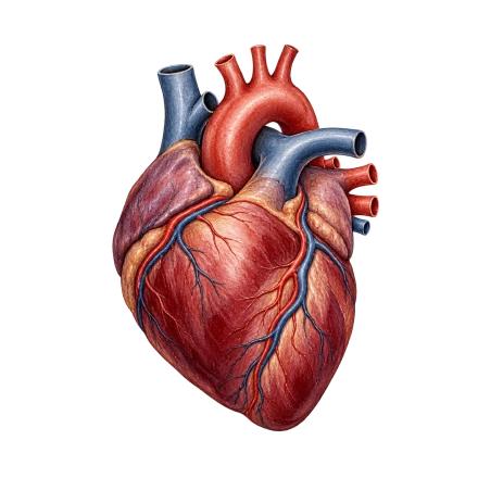 A red anatomical-style heart has textured muscle, branching surface vessels and blue vessels at the top.