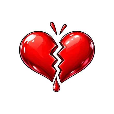 A glossy red heart splits into two jagged halves with a small red drop below.