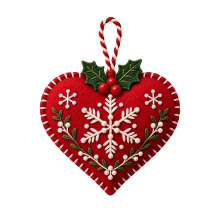 A red felt heart ornament has white snowflake embroidery, small leaves and a red-and-white hanging cord.