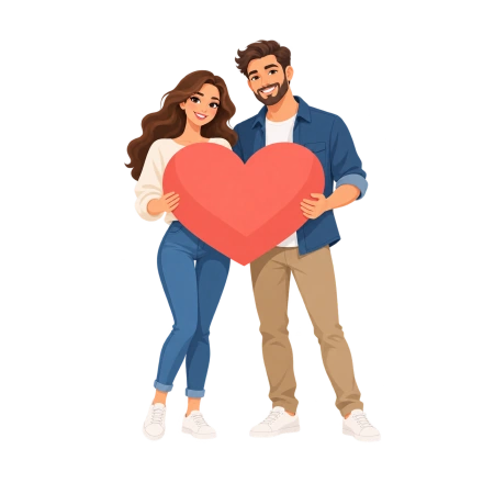A smiling couple stands together holding a large coral heart in front of them.