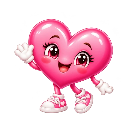 A glossy pink heart character waves a white-gloved hand while wearing pink sneakers.