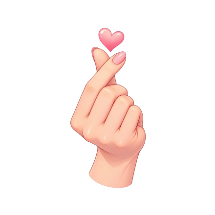 A hand with pink nails crosses the thumb and index finger beneath a small floating pink heart.
