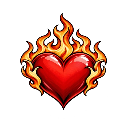 A deep red heart is surrounded by curling yellow and orange flames with bold dark outlines.