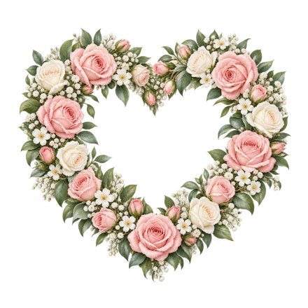 Pink and cream roses, small white flowers and green leaves form an open heart-shaped wreath.