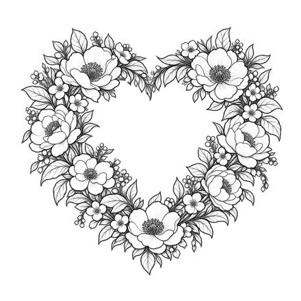 A heart-shaped wreath of roses, small blossoms and leaves is drawn with fine black outlines.