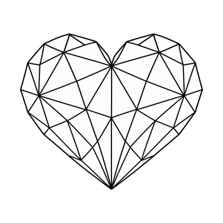 Straight black lines divide a heart outline into irregular triangular facets.