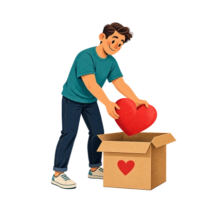 A person in a teal shirt places a red heart into a cardboard box with a matching heart symbol.