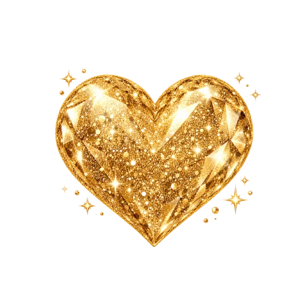 A golden heart has a sparkling glitter texture, bright highlights and small starbursts around its edges.