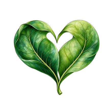 Two curved green leaves meet to form a heart with visible veins and a small stem.