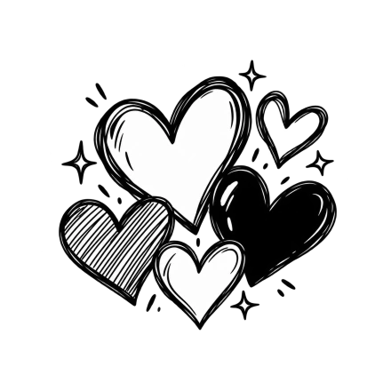 Five black-and-white doodle hearts overlap with sketchy outlines, hatching and small sparkle marks.