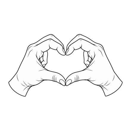 Two hands create a heart-shaped opening in a clean black-and-white line drawing.