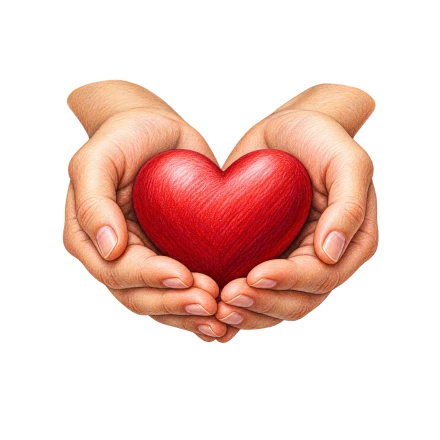 Two cupped hands support a textured red heart in their palms.