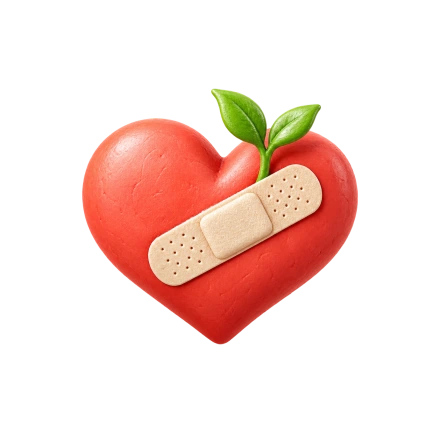 A peach-red heart has a beige adhesive bandage across its front and two fresh green leaves at the top.