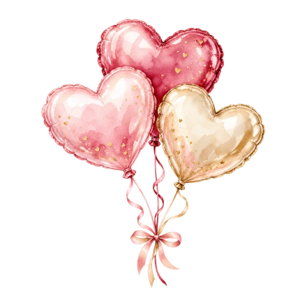 Pink, red and cream heart-shaped balloons float together above thin ribbons tied in a small bow.