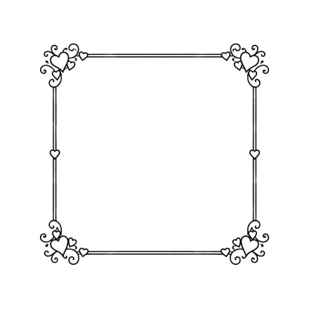 A thin square border has small ornamental heart clusters at each corner and halfway along the sides.