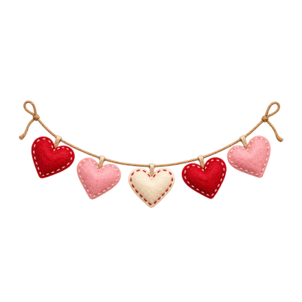Five red, pink and cream stitched hearts hang from a curved cord with loops at each end.