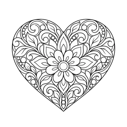 A heart is filled with symmetrical flower petals, curling leaves and fine black decorative lines.