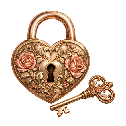 An ornate bronze heart-shaped padlock with raised roses sits beside a matching decorative key.