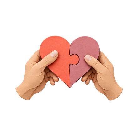 Two hands hold coral and pink puzzle pieces that join to form a heart.