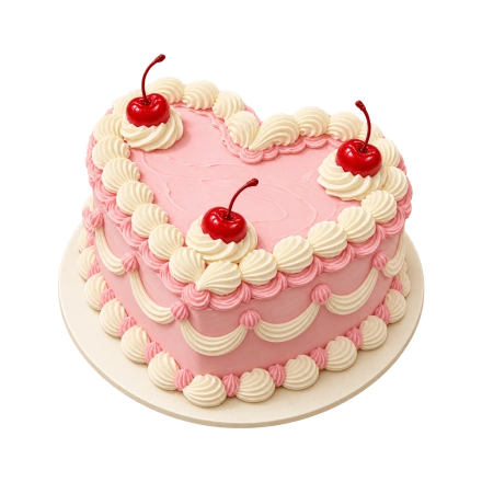 A heart-shaped cake has pink icing, cream piped borders and red cherries on top.