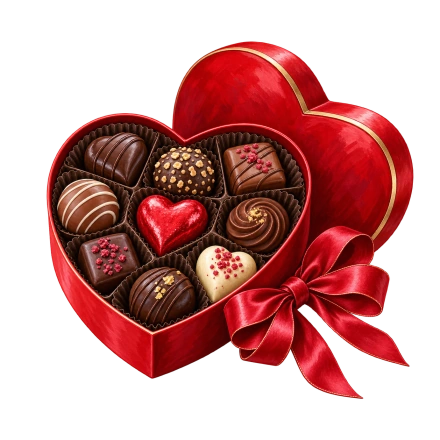 An open red heart-shaped box holds assorted chocolates beside a red ribbon bow and matching lid.