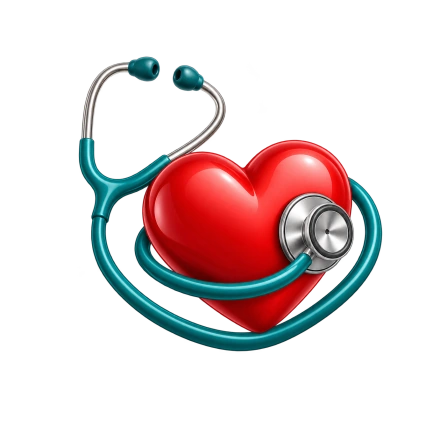 A teal stethoscope curves around a glossy red heart with its silver chestpiece resting on the front.