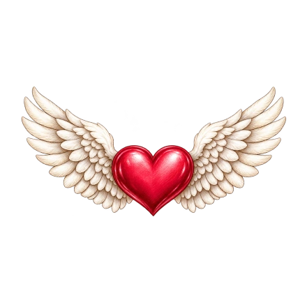 A small glossy red heart sits between two outstretched cream feathered wings.