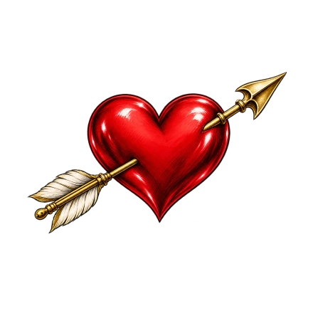 A shiny red heart is pierced diagonally by a gold arrow with cream feathers.