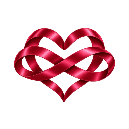 A deep red satin ribbon loops into an infinity symbol and rises into a heart-shaped outline.