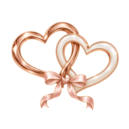 Two rose-gold heart outlines overlap above a soft pink ribbon bow.