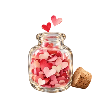 A clear glass jar is filled with small red, pink and cream paper hearts, with its cork resting beside it.