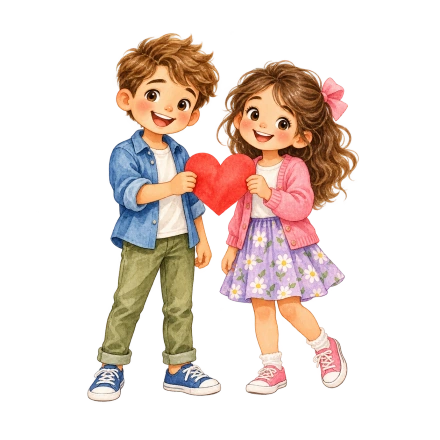 Two smiling children stand together holding a red heart between them.