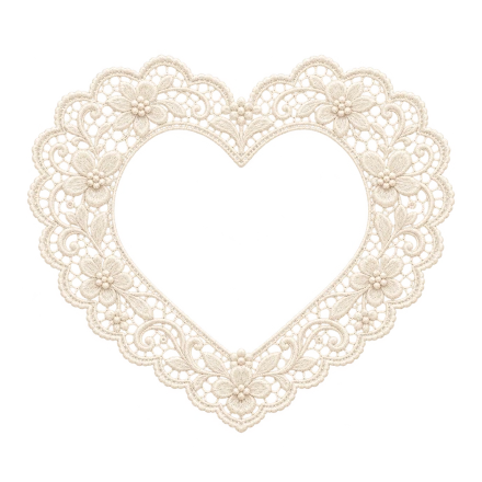 A pale cream lace heart frame has scalloped edges and delicate looping floral details.