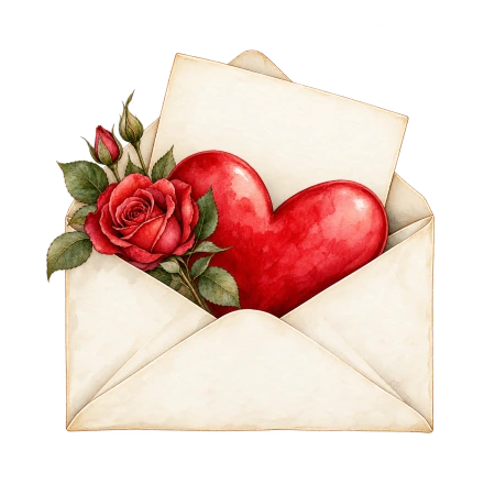 An open cream envelope holds a red heart, a blank note and a red rose with green leaves.