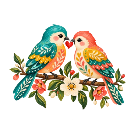 Two colorful birds face each other on a flowering branch, with their beaks meeting beneath a small red heart.
