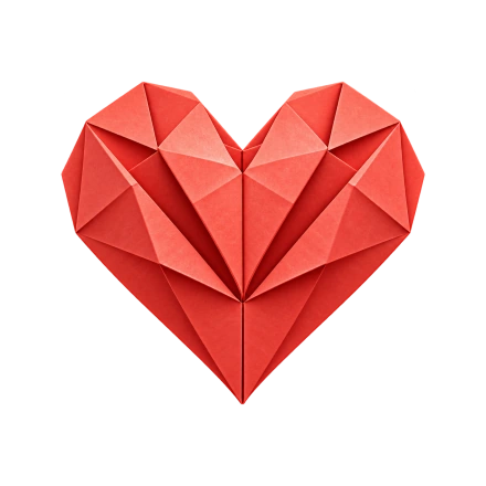 A red origami-style heart has angular folded facets and crisp shaded edges.