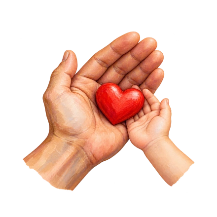 A large hand and a small hand cradle a red heart together.