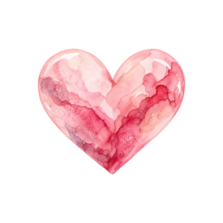 A translucent pink heart has layered watercolor washes, pale highlights and darker rose-colored edges.