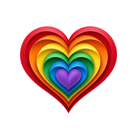 Nested paper-like hearts form a rainbow from a large red outer edge to a small purple center.
