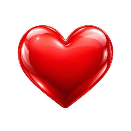 A rounded red heart has bright white reflections and deep red shading along the lower edges.