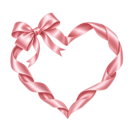 A pink satin ribbon curves into an open heart and finishes in a bow at the upper left.
