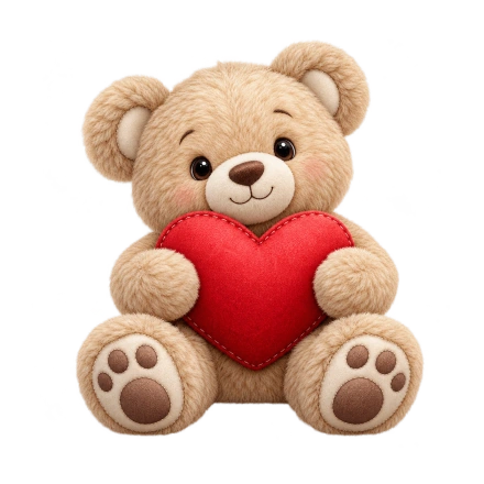 A seated beige teddy bear hugs a red heart between its soft paws.