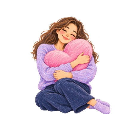 A seated woman in a purple sweater hugs a large textured pink heart with her eyes closed.