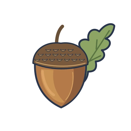 Brown acorn with overlapping cap scales resting in front of a green oak leaf.