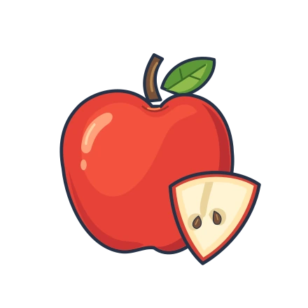 Red apple with a green leaf beside a cream-colored apple slice and two brown seeds.