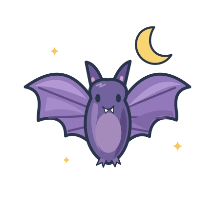 Purple bat with wide scalloped wings flying below a golden crescent moon.