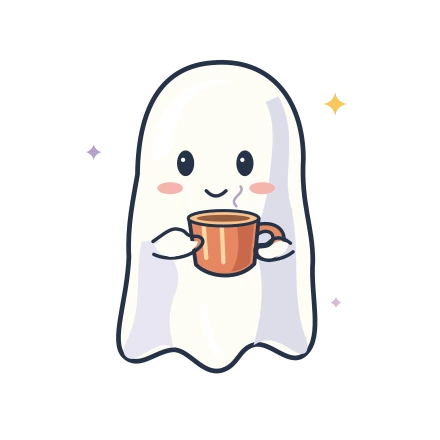 Smiling white ghost holding a coral teacup with a curl of steam.