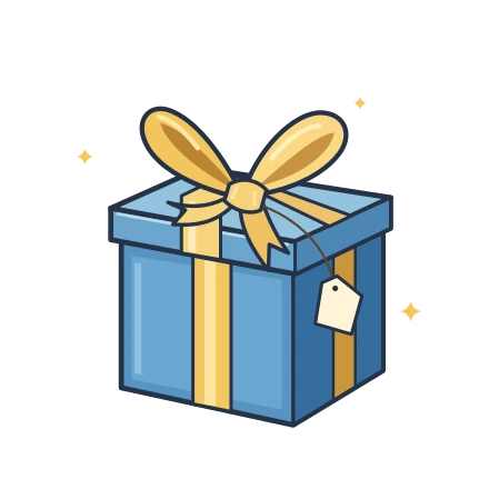 Blue gift box tied with a golden cream bow and a blank hanging tag.